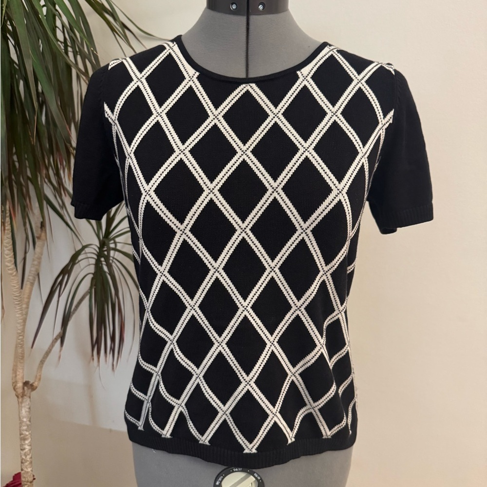 Brooks Brothers Silk & Cotton Argyle Knit Short Sleeve Sweater